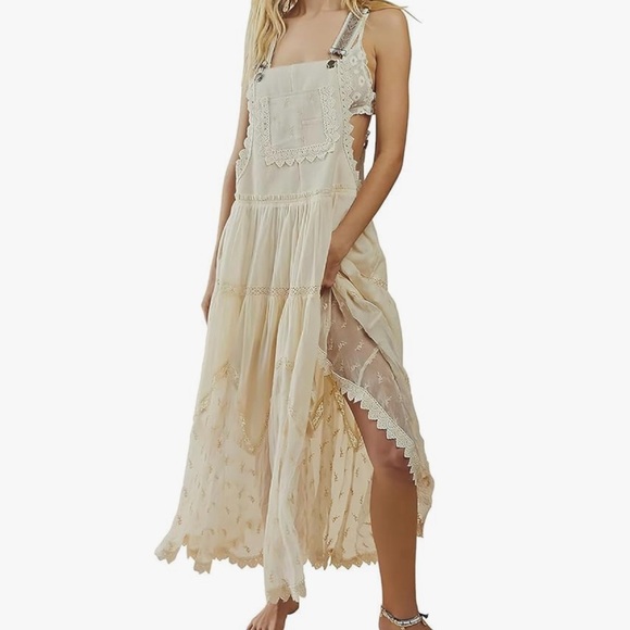 Laced Embroidered Tulle Bib Overall Dress Loose Adjustable Straps Maxi Dress - Picture 1 of 2